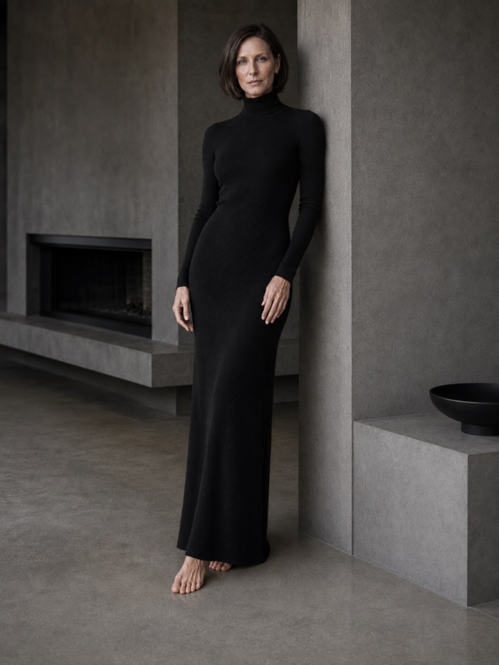Black Ribbed Knit Turtleneck Midi Dress Long Sleeve Minimalist